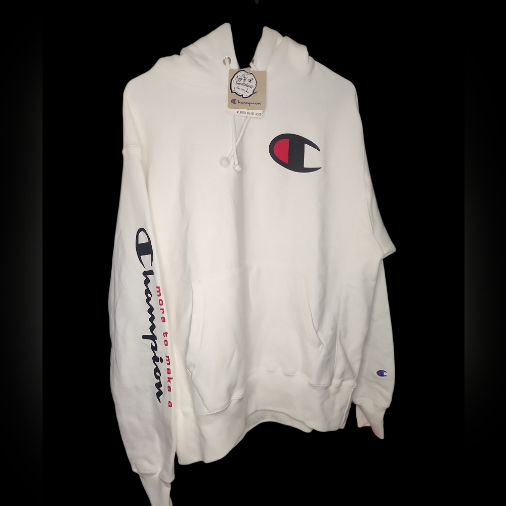 Mens Heavy Weight Cream Color Champion Hoodie With Whole Sleeve Graphic NWT Med